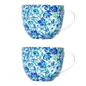 Lilly Pulitzer 12 Ounce Blue Ceramic Coffee/Tea Mugs with Gold Handle - Set of 2